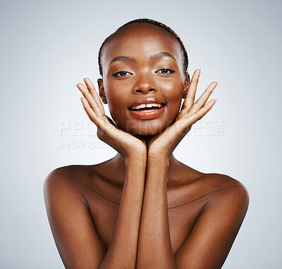 Buy stock photo Black woman, face in hands and natural beauty with cosmetics, dermatology and glow on white background. Wellness, skincare and happy model in portrait, facial and shine with clean skin in studio