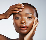 Portrait of black woman, beauty glow or skincare for wellness in studio with cosmetics or shine Face closeup, clean detox or confident African girl model with dermatology results on white background