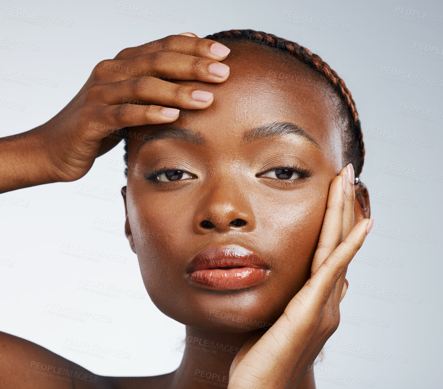 Buy stock photo Portrait of black woman, beauty glow or skincare for wellness in studio with cosmetics or shine Face closeup, clean detox or confident African girl model with dermatology results on white background