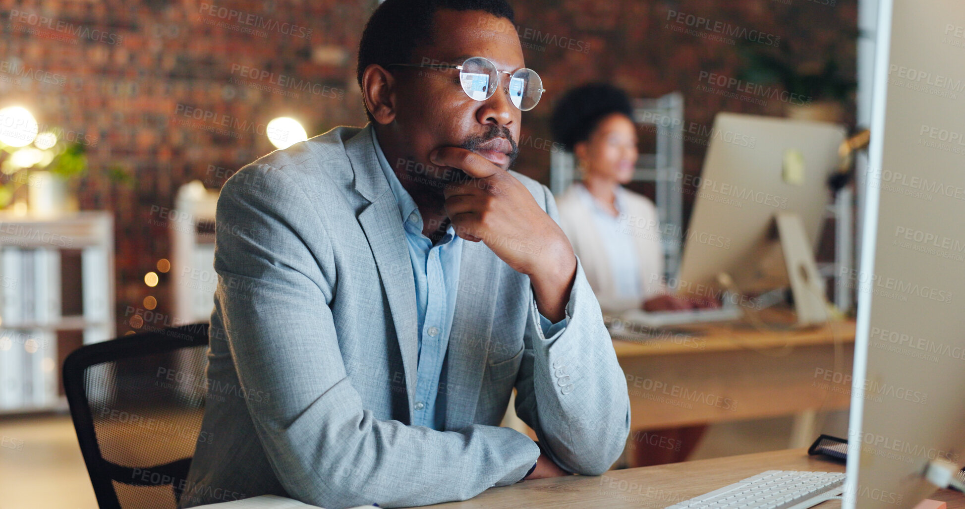 Buy stock photo Business man, thinking and ideas on computer for office startup, financial decision and planning or solution at night. African worker for accounting research, web analysis and desktop problem solving