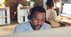 African man, call center and computer in thinking, talk or night for telemarketing, voip mic or contact us. Consultant, crm and tech support agent for customer service, idea or questions at help desk