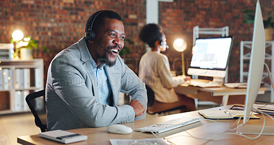 Buy stock photo African man, call center and happy by computer, smile and excited for tech support, contact us or email. Consultant, crm or agent in night, telemarketing or customer service with smile in workplace