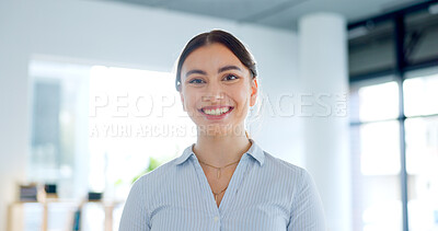 Buy stock photo Smile, portrait and business woman in the office with confident, good and positive attitude. Happy, pride and headshot of professional young female lawyer from Canada standing in modern workplace.