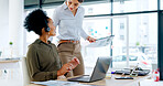 Business woman, teamwork and advice for call center, telemarketing or secretary help, support and office planning. Professional manager, consultant or agency employees with documents, laptop and talk