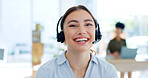 Callcenter, communication and contact us, happy woman in portrait with telecom or customer service job. Consulting, headset and mic with help desk and CRM for telemarketing sales and consultant