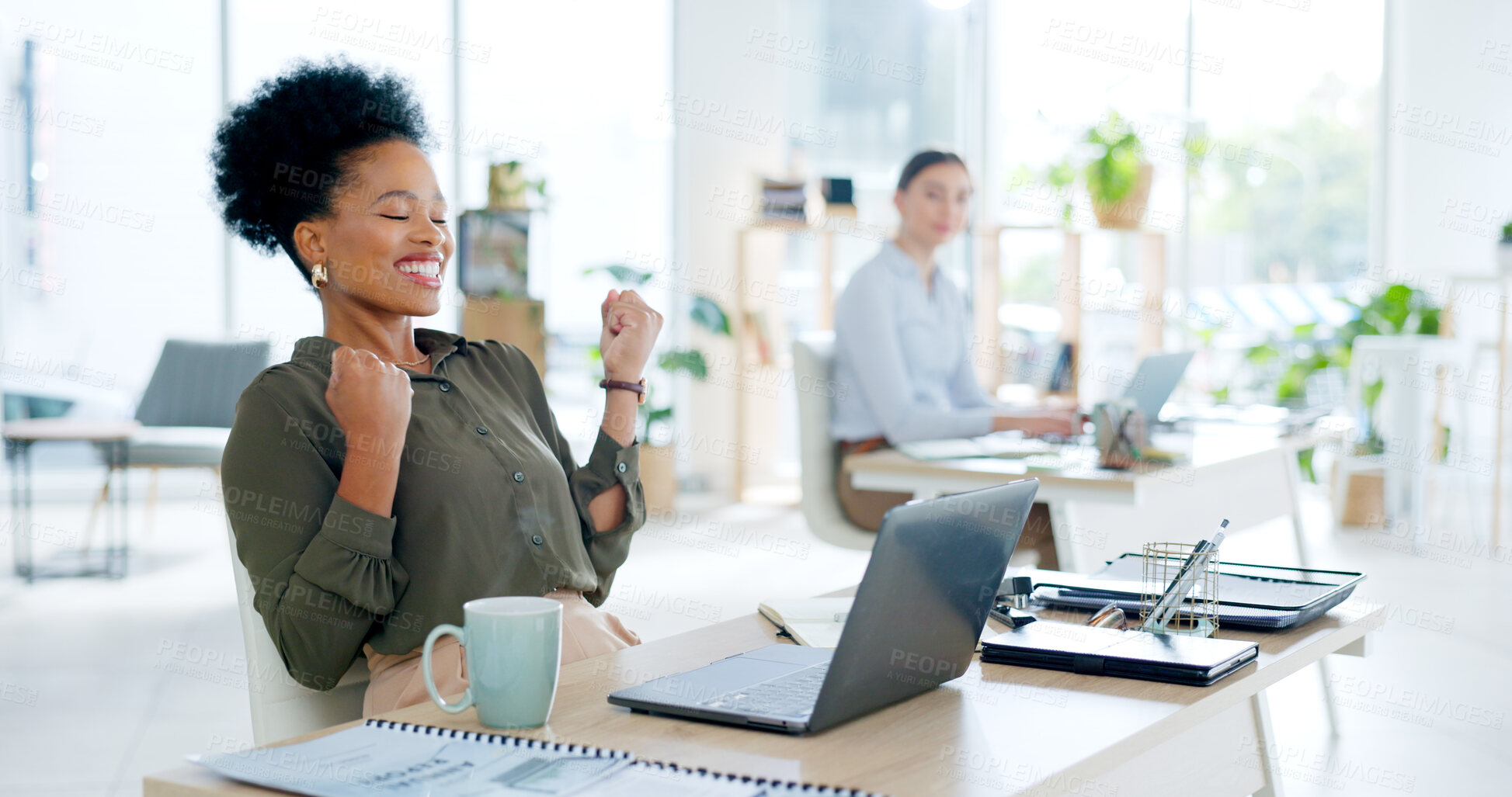 Buy stock photo Business woman, winner and laptop for success, celebration and marketing sales or project achievement in office. Professional worker with yes, excited and reading email or startup news on computer