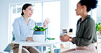 Happy, friends and coffee break in office talking of work, collaboration or funny gossip in workplace. Women, together and employees conversation with espresso, latte or drink in tea cup or happiness