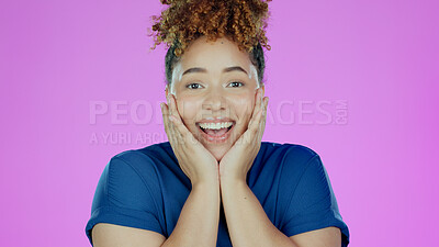 Buy stock photo Face, woman and wow with hand in studio for winner or celebration on purple background or mock up. Surprised, female and happy lady with excitement and joy for success, lottery and cheerful for deal