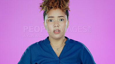 Buy stock photo Shocked, surprise and portrait of woman with fear, worried and scared isolated in a studio purple background. Confused, omg and young person in Brazil amazed by announcement, gossip or secret