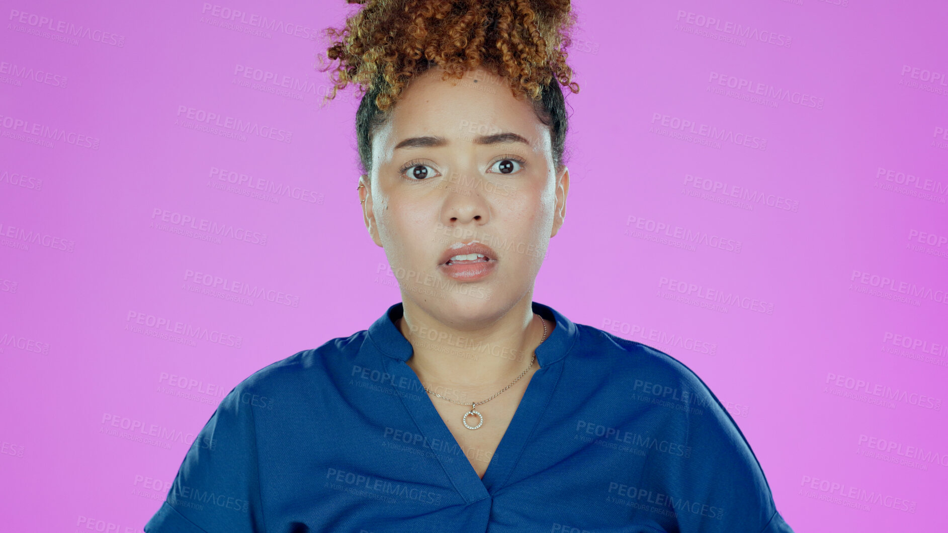 Buy stock photo Shocked, surprise and portrait of woman with fear, worried and scared isolated in a studio purple background. Confused, omg and young person in Brazil amazed by announcement, gossip or secret