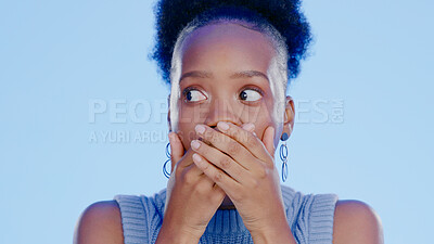 Buy stock photo Black woman, hands covering mouth with shock or surprise, drama or secret news with gossip isolated on blue background. Wow reaction for information, expression with alarm and alert in studio 