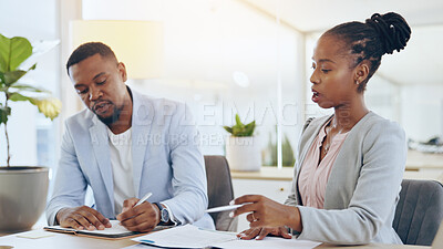 Buy stock photo Business people, teamwork and man with black woman, documents and cooperation in a workplace. African person, employee or manager with paperwork, planning and collaboration with brainstorming or idea