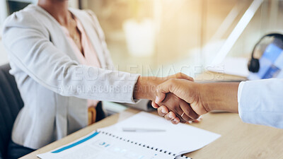 Buy stock photo People and handshake in closeup at interview, recruitment and hiring with agreement, job and office. Human resource expert, business owner and management with b2b, shaking hands and onboarding