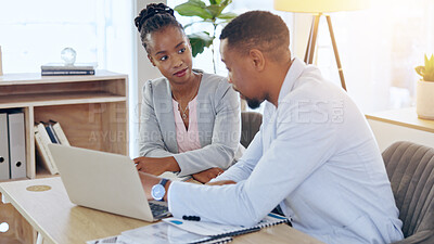 Buy stock photo Black people, laptop and teamwork for business, planning and brainstorming strategy together in office. Computer, collaboration and African corporate consultants in discussion for research project