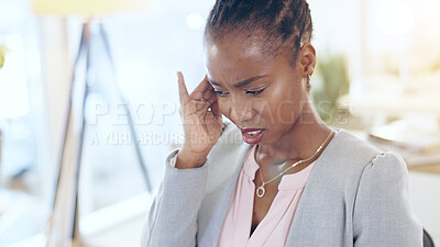 Buy stock photo Business woman, headache and pain for office planning, Human Resources crisis and mistake or payroll error. African worker or employee with career fatigue, frustrated or stress for news, debt or fail