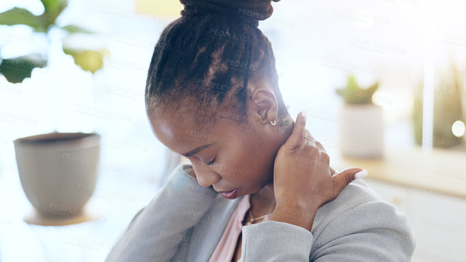 Buy stock photo Black woman, neck pain and injury at office in stress, pressure or burnout from mistake or anxiety. Frustrated African female person or business employee with sore ache and overworked at workplace