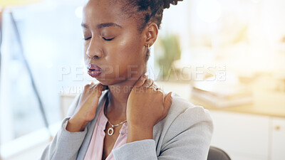 Buy stock photo Black woman, neck pain and injury in stress, pressure or burnout from mistake or anxiety at office. Frustrated African female person or business employee with sore ache and overworked at workplace