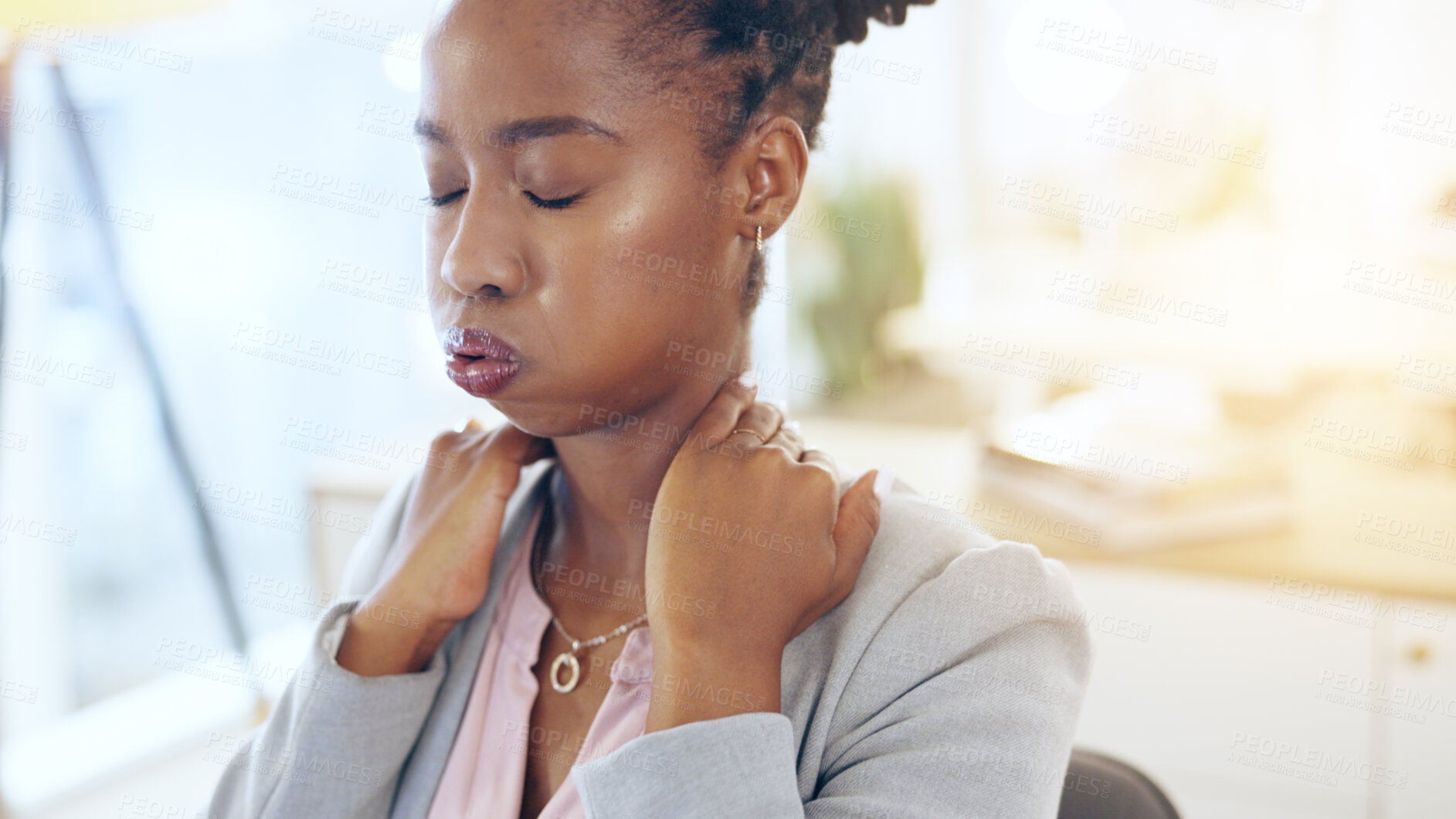 Buy stock photo Black woman, neck pain and injury in stress, pressure or burnout from mistake or anxiety at office. Frustrated African female person or business employee with sore ache and overworked at workplace