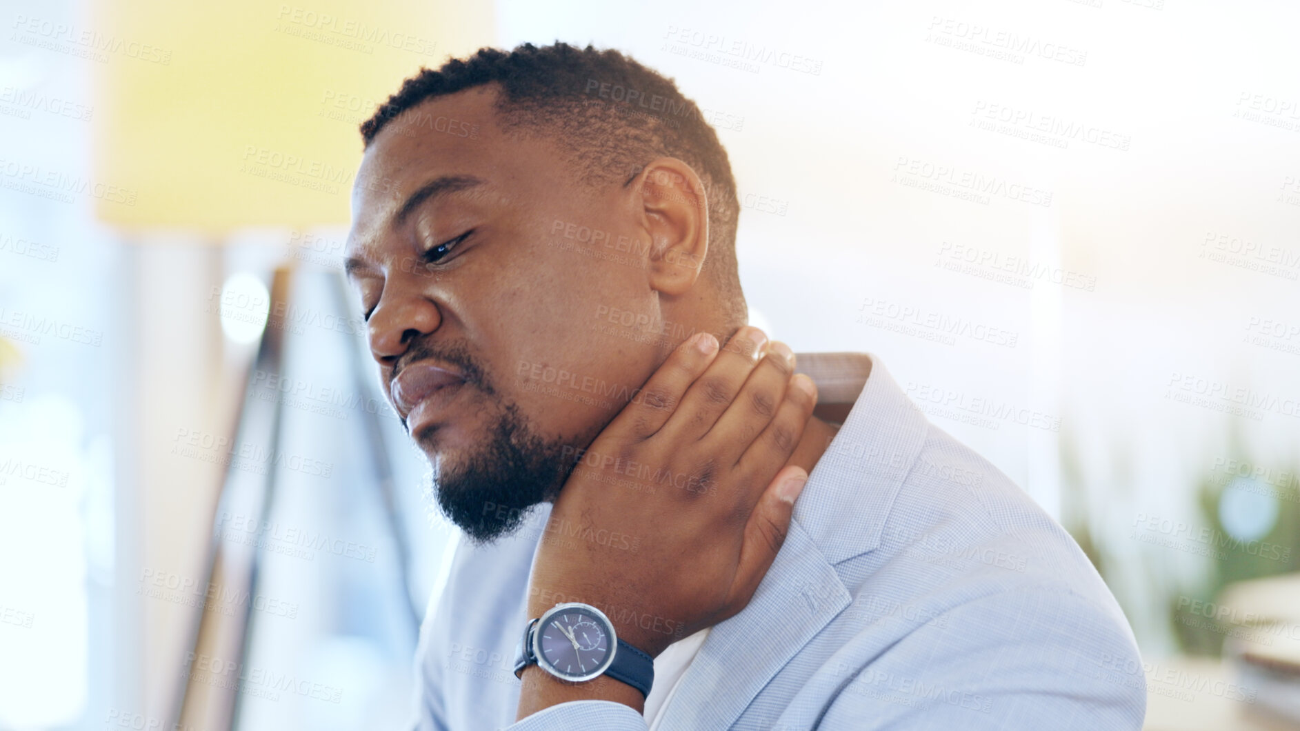 Buy stock photo Black man, neck pain and injury at office in stress, pressure or burnout from mistake or anxiety. Tired African businessman, person or employee with sore ache, strain or overworked at workplace