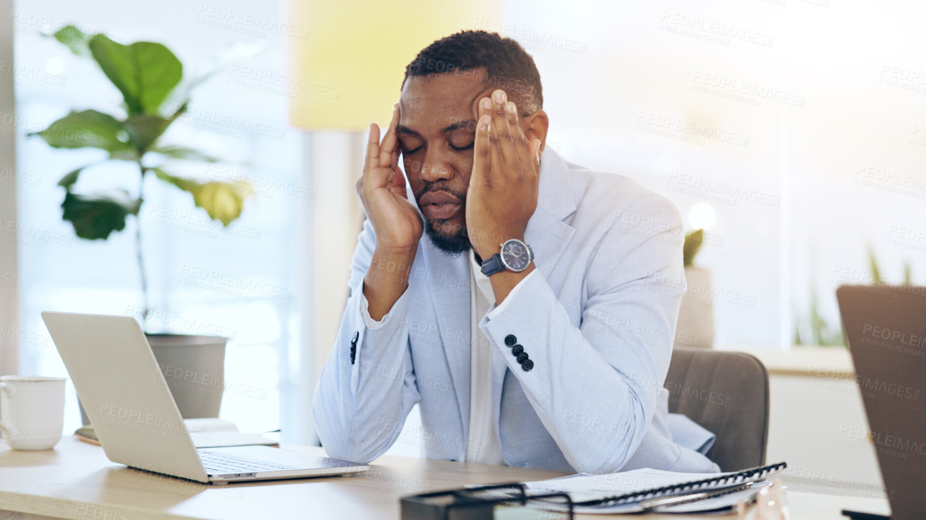 Buy stock photo Business man, headache and pain on computer for office planning, Human Resources crisis and mistake or payroll error. African worker or employee with fatigue, tired and stress for news or career fail