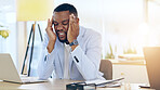 Business man, headache and stress on laptop for stock market crash, financial mistake or error in office. Frustrated worker or african trader with depression, pain or tired for trading or job crisis