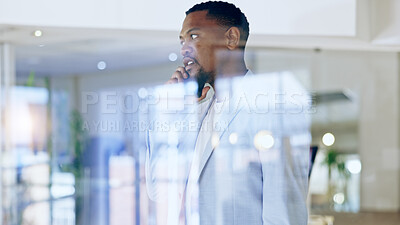 Buy stock photo Black man, business and phone call at office for discussion, proposal or communication. African businessman, person or employee talking on mobile smartphone for conversation or strategy at workplace