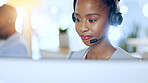 Call center, computer and black woman in telemarketing, support or contact us at help desk in office. Customer service, sales agent and African consultant in communication, online advice and business