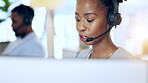 Call center, computer and black woman talk for telemarketing, support or contact us at help desk in office. Customer service, sales agent and African consultant in communication, crm and business