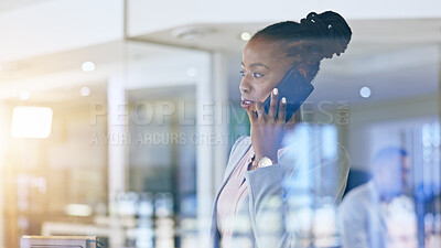 Buy stock photo Business woman, phone call and thinking by window in communication, human resources networking and decision. African worker talking on mobile with reflection, ideas and solution for company employees