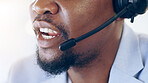 African man, closeup and call center for talking, microphone and voip tech for telemarketing, sales or contact us. Consultant, crm and customer service agent with headphones for advice at help desk