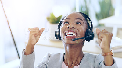 Buy stock photo African woman, call center and winner in office for contact us, achievement and goals with job promotion. Consultant, thinking and customer service agent for success, celebration or fist at help desk