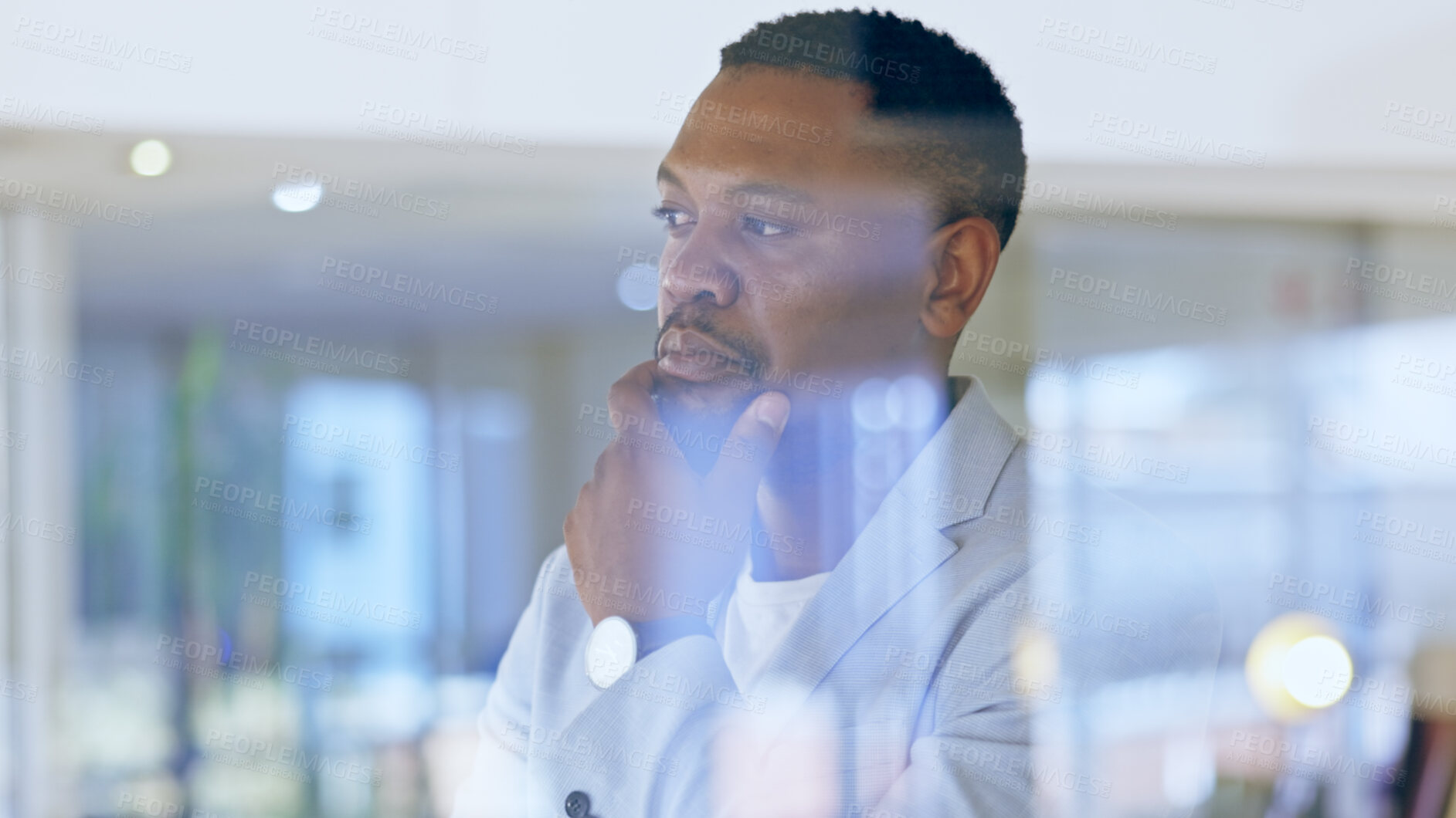 Buy stock photo Thinking, idea and African businessman in the office with brainstorming or problem solving face. Memory, planning and professional male ceo standing by window with reflection face in workplace.