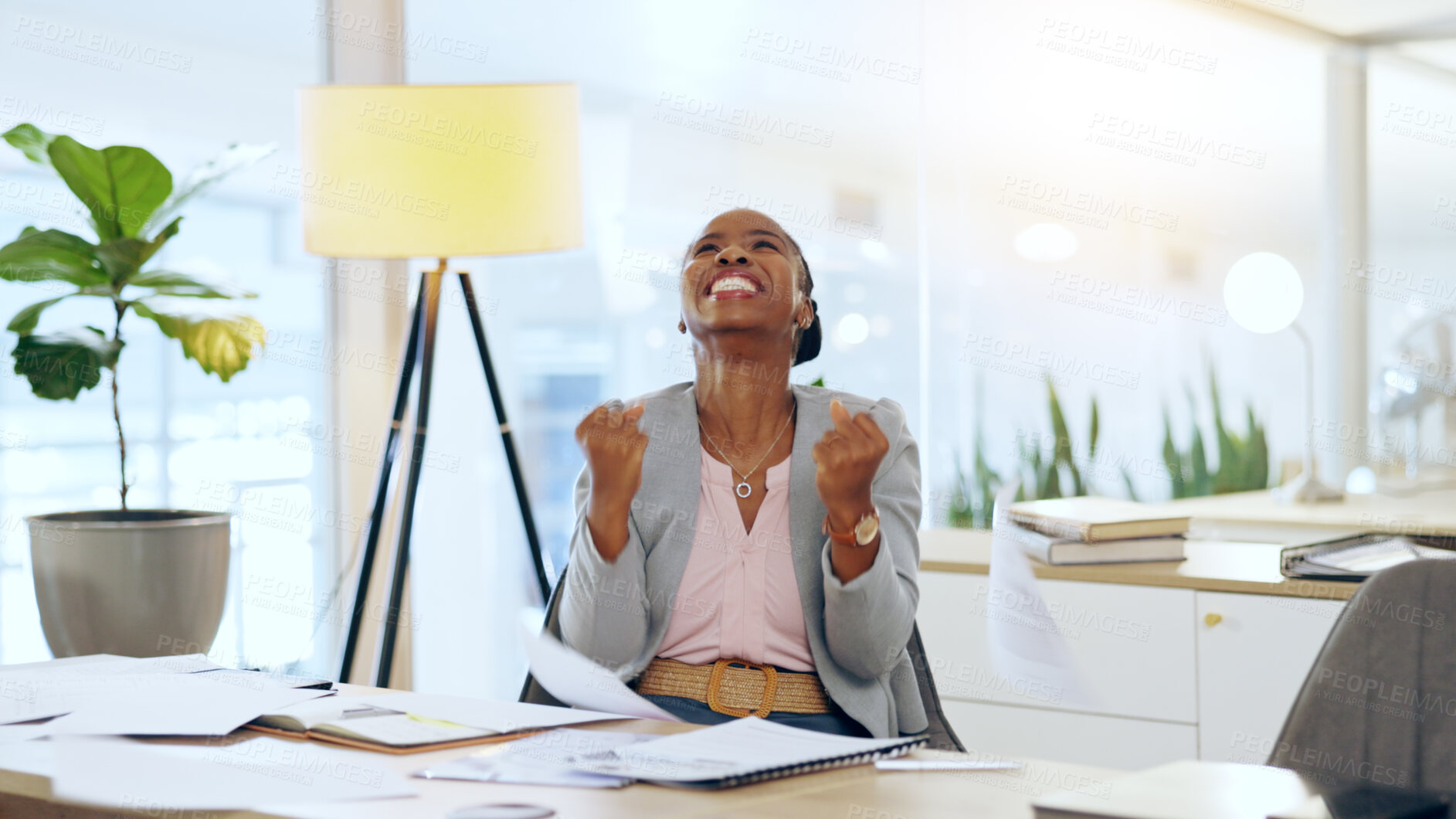 Buy stock photo Success, winning and black woman accountant celebrate financial bonus, growth and achievement in company office. Paperwork, document and professional employee excited and happy for deal or increase