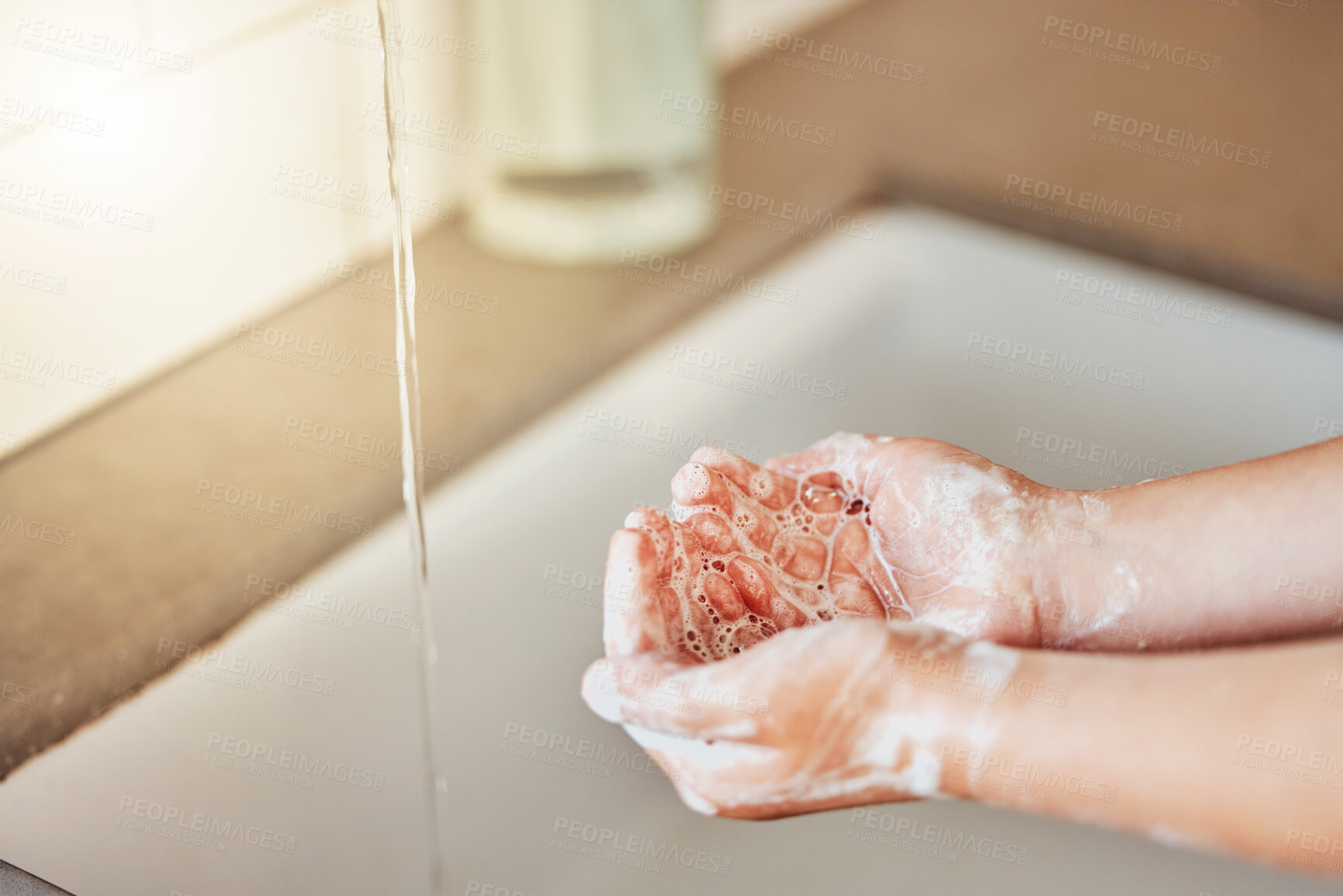 Buy stock photo Water, washing hands and kid with foam for cleaning, hygiene and wellness in bathroom at home. Health, child development and palms of young girl with soap for protection for germs, virus and bacteria