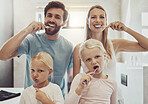 Portrait, family and brushing teeth with girl children in the bathroom for learning about oral hygiene. Mother, father and sister kids together in their house for dental care education in the morning