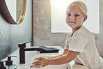 Bathroom, water and portrait of child washing hands with soap, foam and healthy hygiene. Cleaning dirt, germs and bacteria on fingers, happy girl in home for morning wellness, safety and skin care.