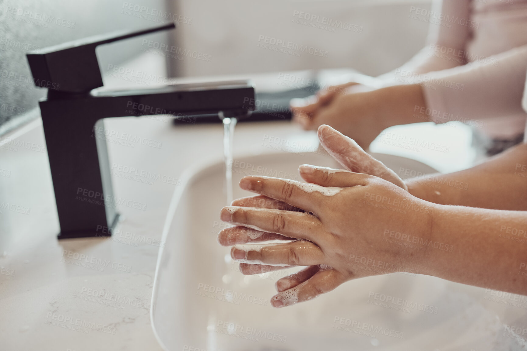 Buy stock photo Bathroom, water and children cleaning hands with soap, foam or learning healthy hygiene together. Washing dirt, germs or bacteria on fingers, kids in home in morning for wellness, safety or skin care