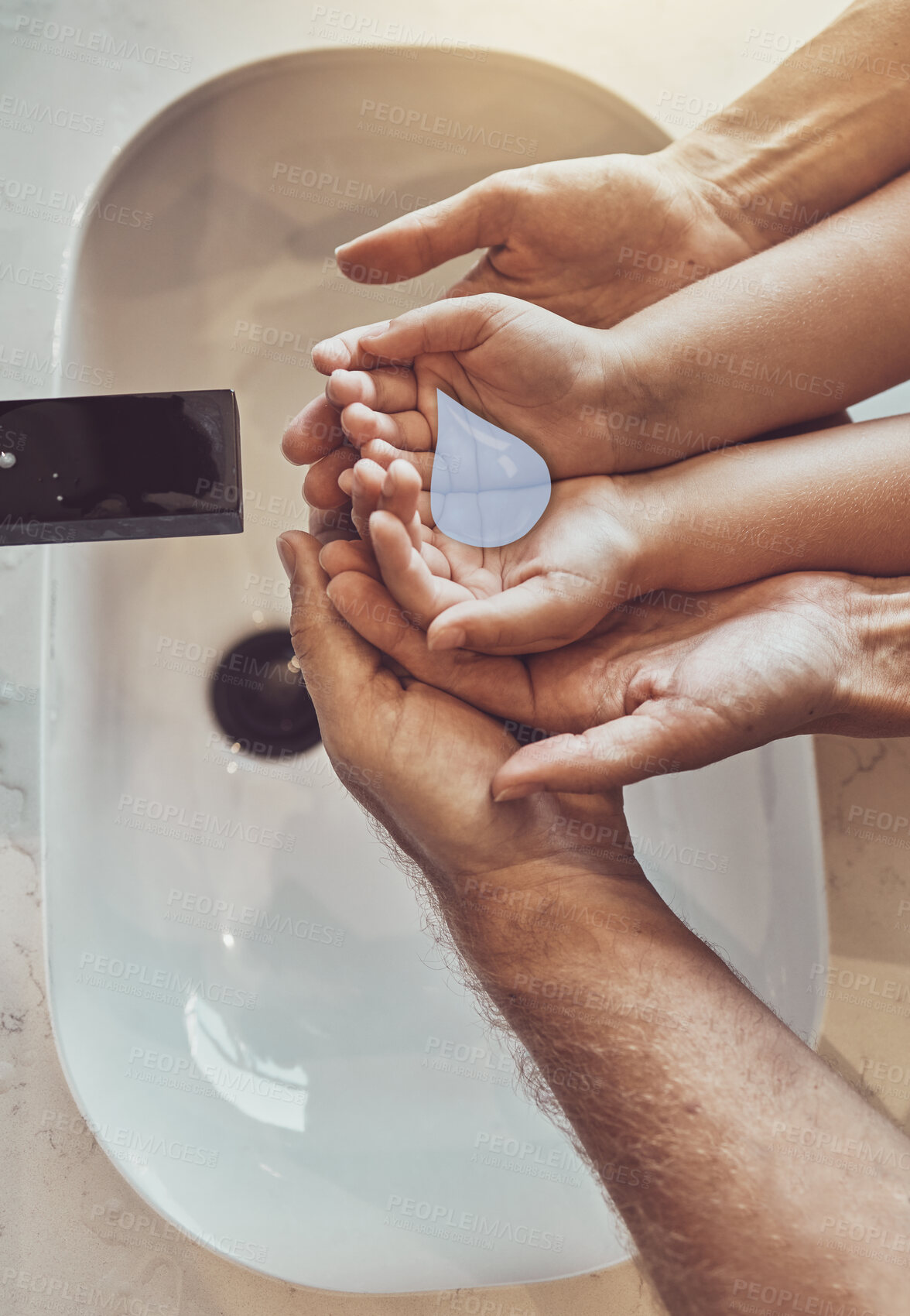 Buy stock photo Bathroom, family and cleaning hands with water emoji from above, help and learning healthy hygiene together. Washing dirt, germs or bacteria, parents and kid in home for wellness, safety or care.