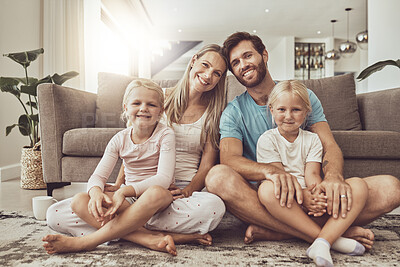 Buy stock photo Couch, happy family and parents with children on living room floor and relax by sofa together in the morning. Love, care and portrait of mother bonding with father and kids with memory and happiness