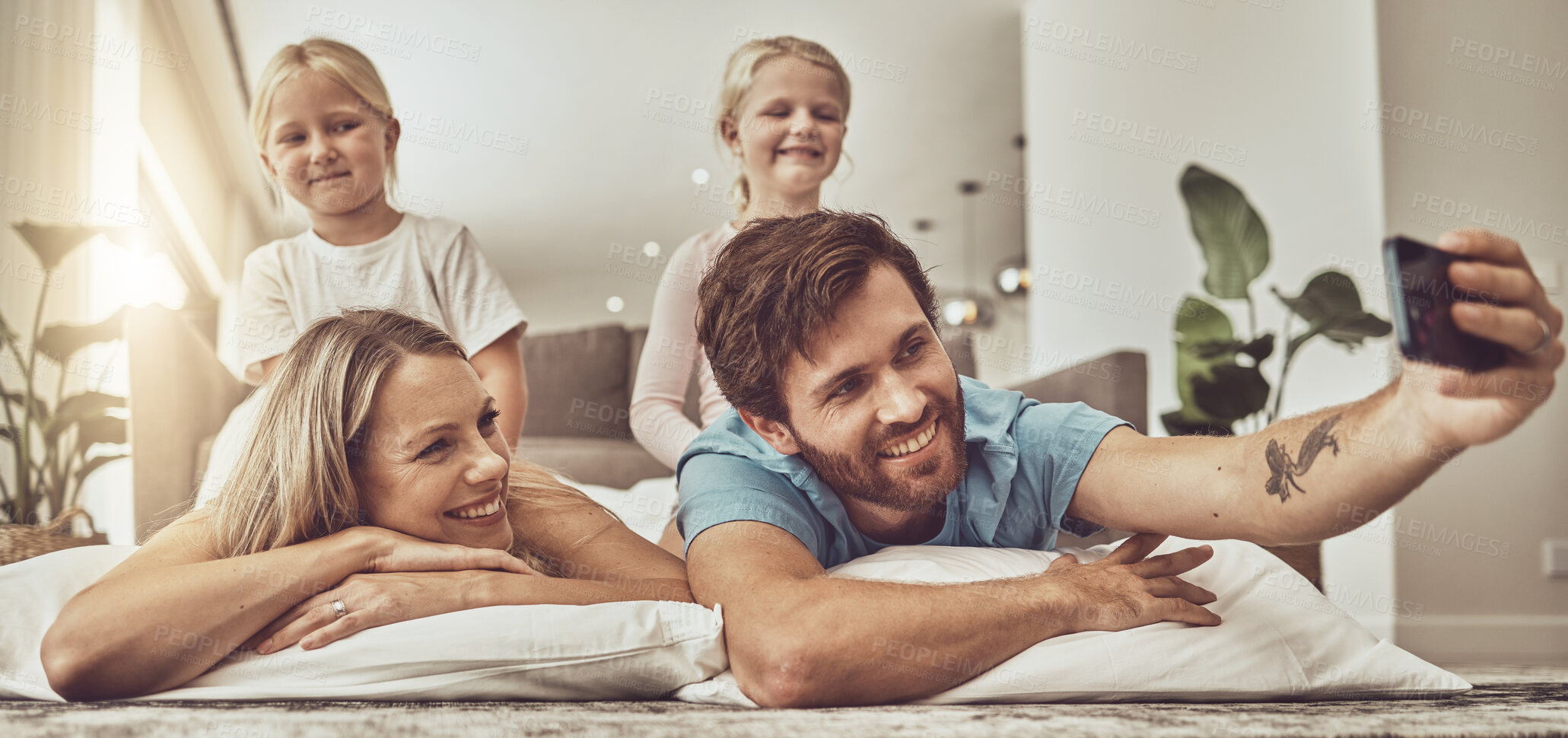 Buy stock photo Home, selfie and family with love, smile and profile picture on the ground, relax or happiness with fun. Parents, mother or father with children on the floor, social media or memory with post or play