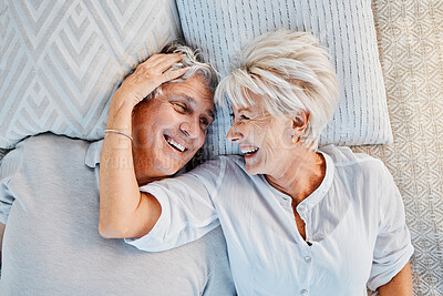 Buy stock photo Love, summer and a senior couple from above, laughing at a funny joke together for happy romance. Comic, retirement dating or affection with an elderly man and woman in the countryside to relax