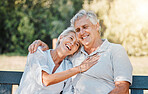 Senior happy couple, laughing or park bench in nature garden for love, support or bonding retirement trust. Smile, relax or elderly man hugging woman in backyard with joke, funny news or relationship