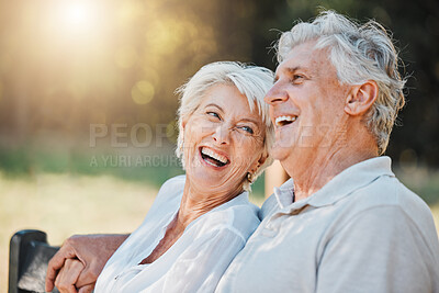 Buy stock photo Senior couple, laughing or park bench in nature garden for love, support or bonding retirement trust. Smile, woman or elderly man in backyard for joke, funny news or relationship on lens flare space