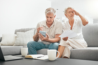 Buy stock photo Frustrated senior couple, documents and debt on living room sofa in financial crisis, expenses or bills at home. Mature man and woman checking finance, paperwork or budget with calculator for invoice