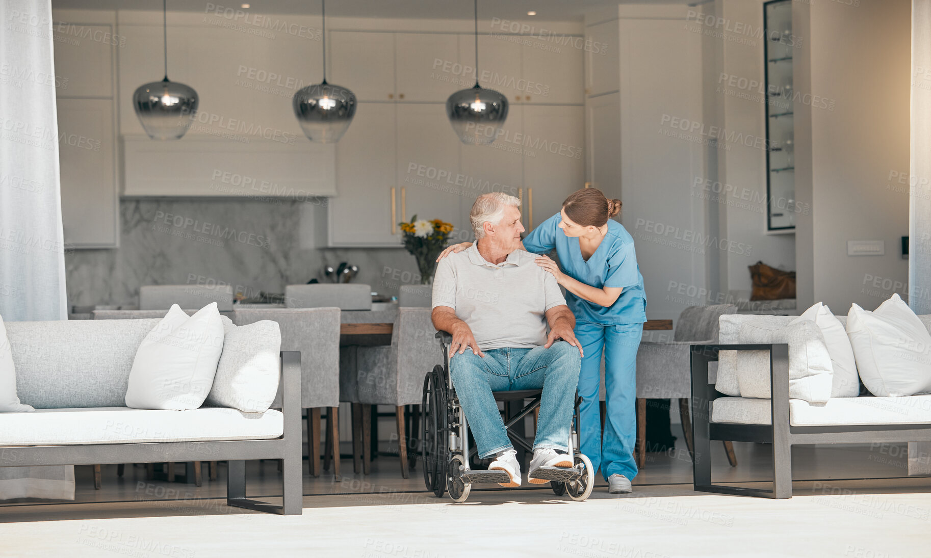 Buy stock photo Woman, doctor and elderly care with wheelchair for support, trust or nursing in retirement or old age home. Female nurse or caregiver talking to senior man or person with a disability in living room 