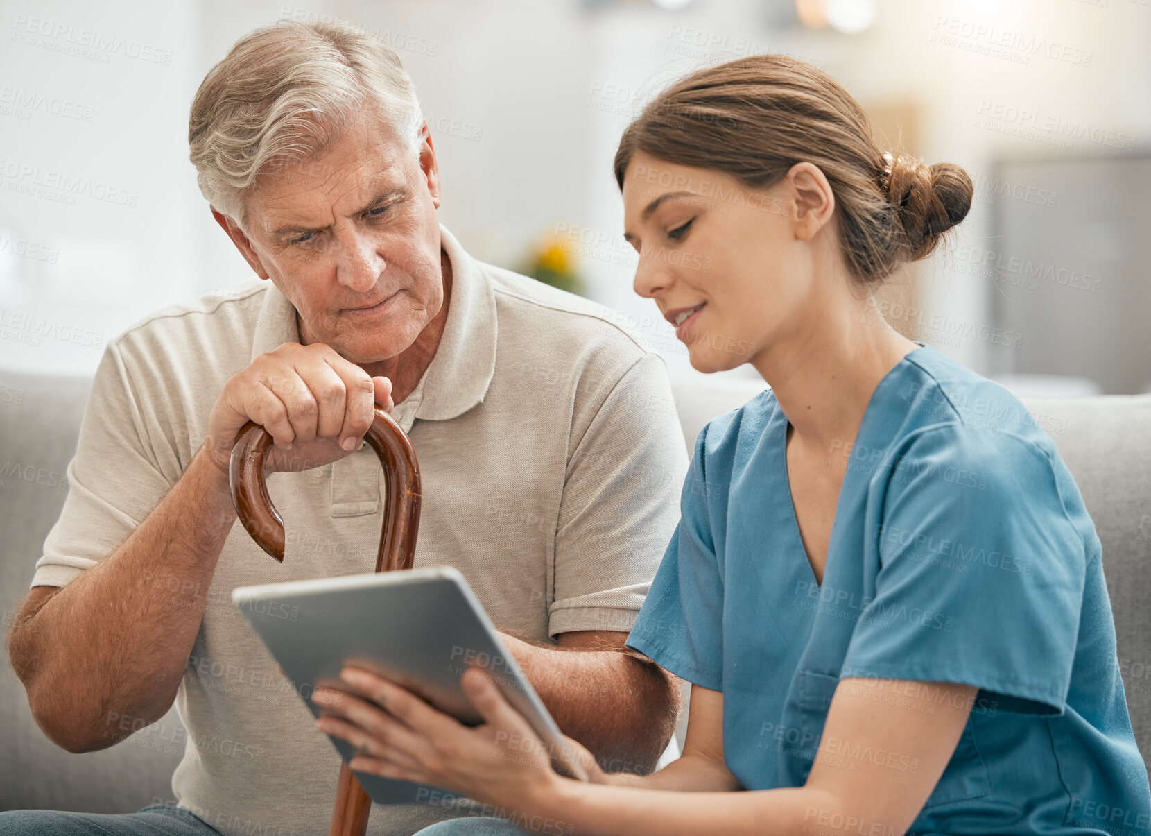 Buy stock photo Nursing home, senior man and nurse with tablet results, medical exam info or digital report online. Reading data, history check or mature patient consulting healthcare worker or therapist for advice