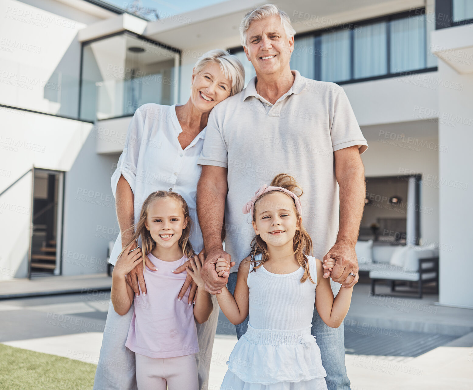 Buy stock photo Real estate, family home or portrait of happy kids with grandparents in new house, apartment or residence. Retirement, smile or grandfather with grandmother or children siblings moving in property 