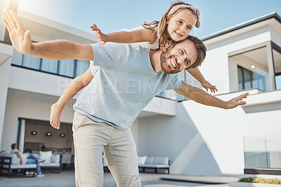 Buy stock photo Happy family, fun and new home with excited airplane game and father with child outdoor. Relax, real estate and love of a dad and young kid playing together at a house with freedom and vacation