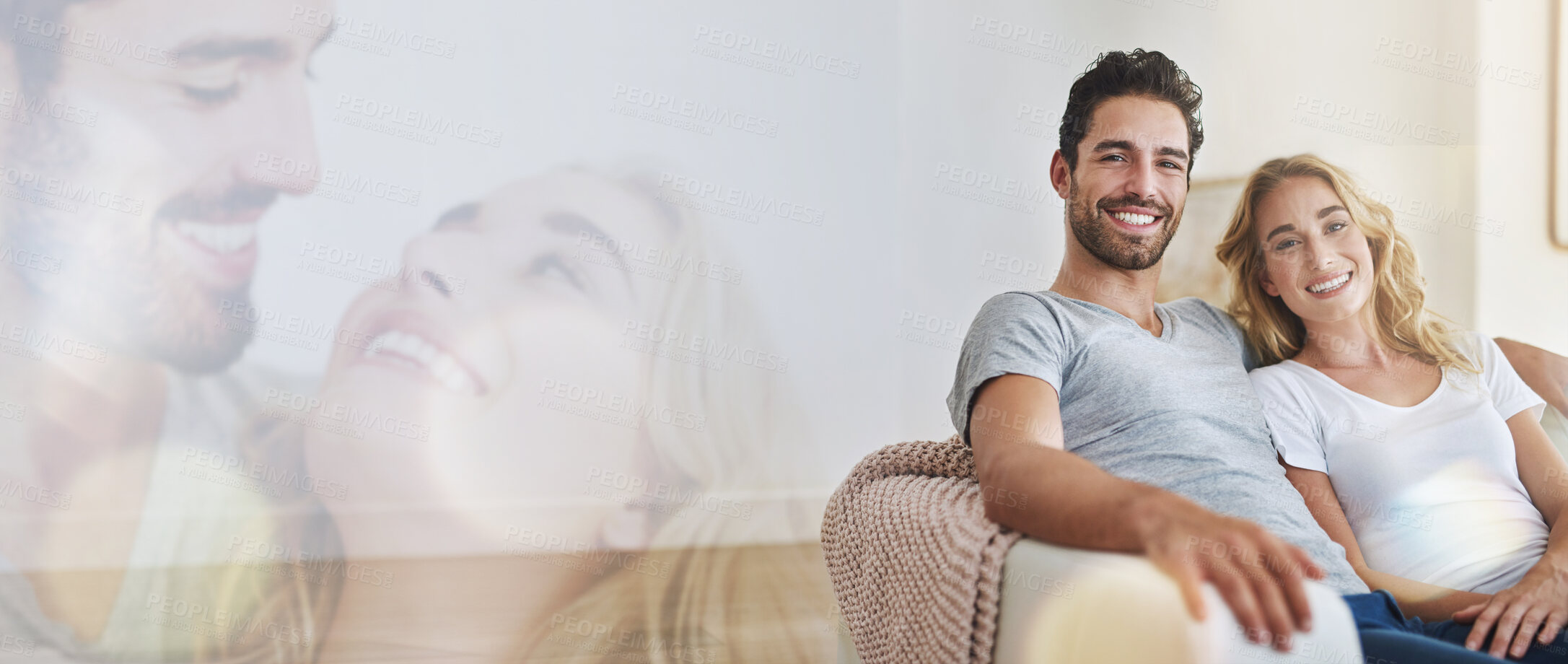 Buy stock photo Portrait, love and happy couple relax, care and home bonding, romance or connect together in holiday house. Mockup space, lounge sofa and banner man, woman or marriage people support, smile and trust