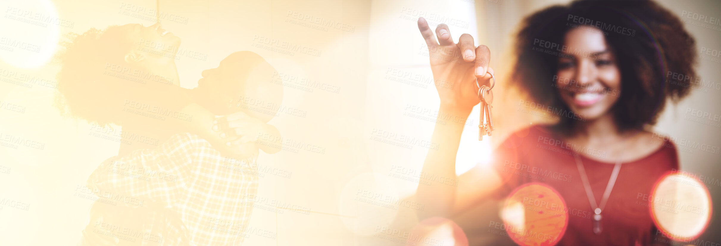 Buy stock photo Happy, mockup or black woman with house key in new home for investment, property or real estate. Hand, bokeh space or proud African person in apartment excited with loan success, goal or security 